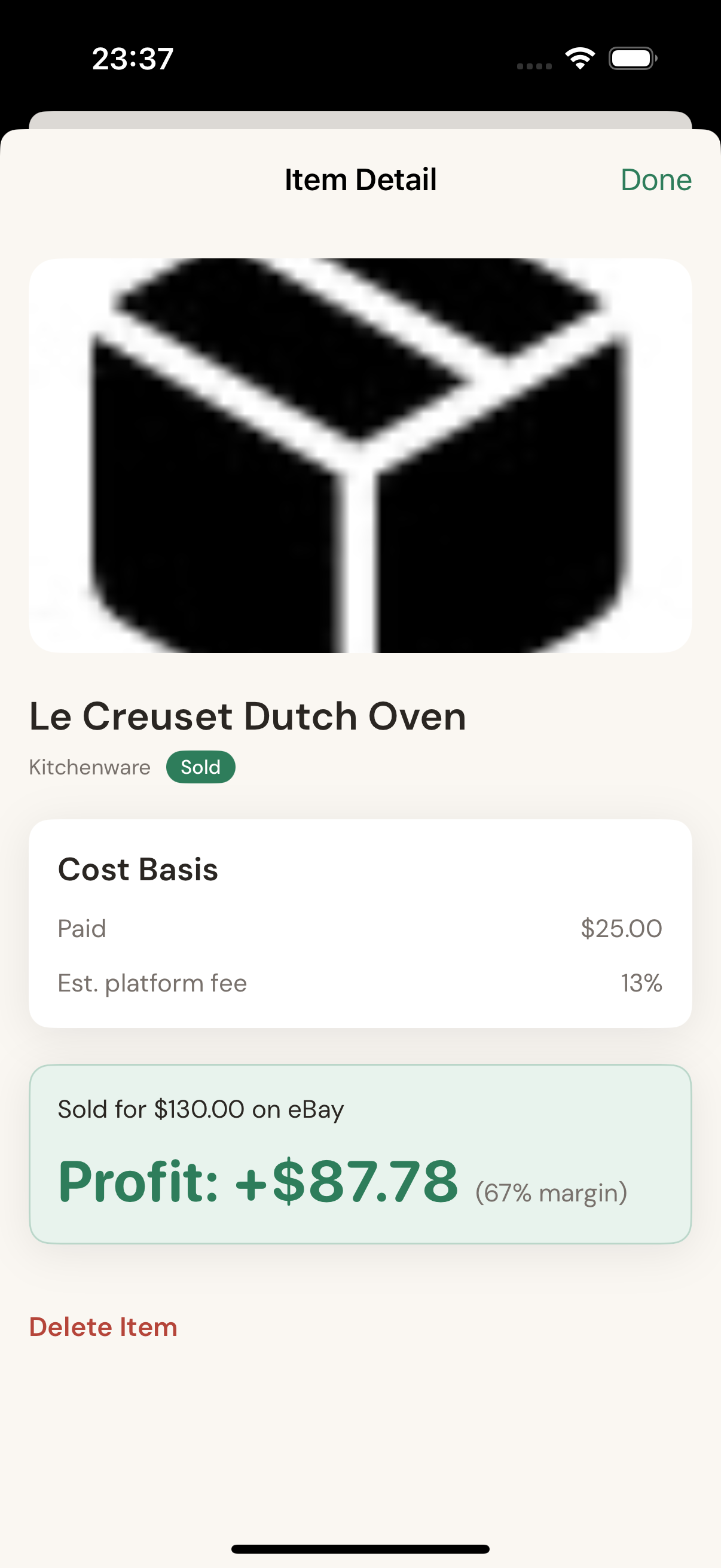 Pricebird item detail screen showing cost basis, sale price, and profit calculation