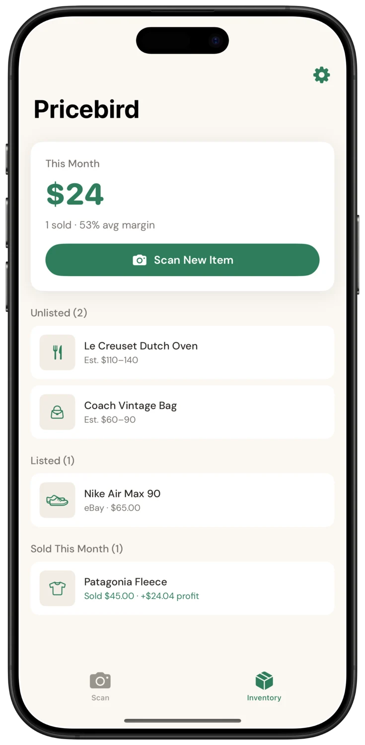 Pricebird inventory screen showing unlisted, listed, and sold reseller items on an iPhone 16 Pro