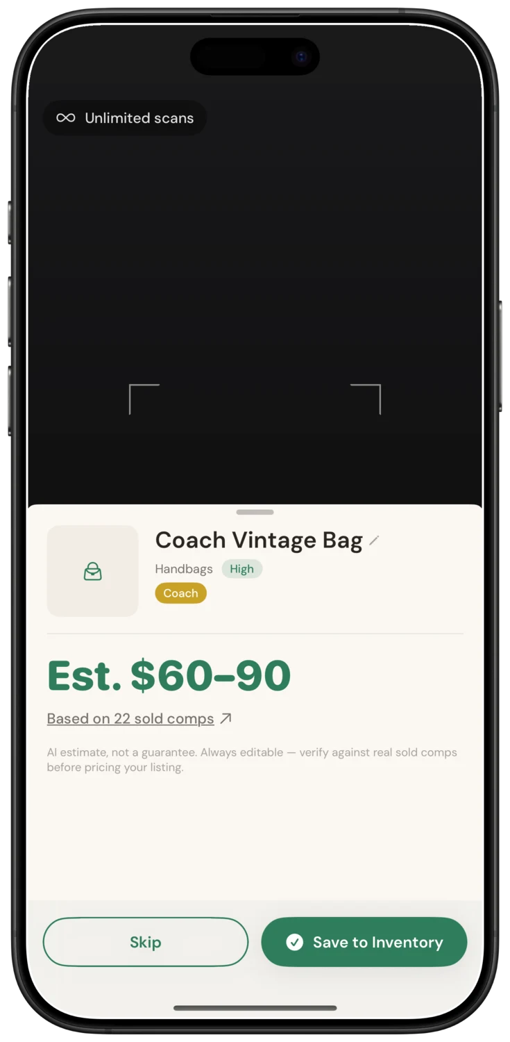Pricebird scan result with an editable resale estimate and a sold-comps verification link
