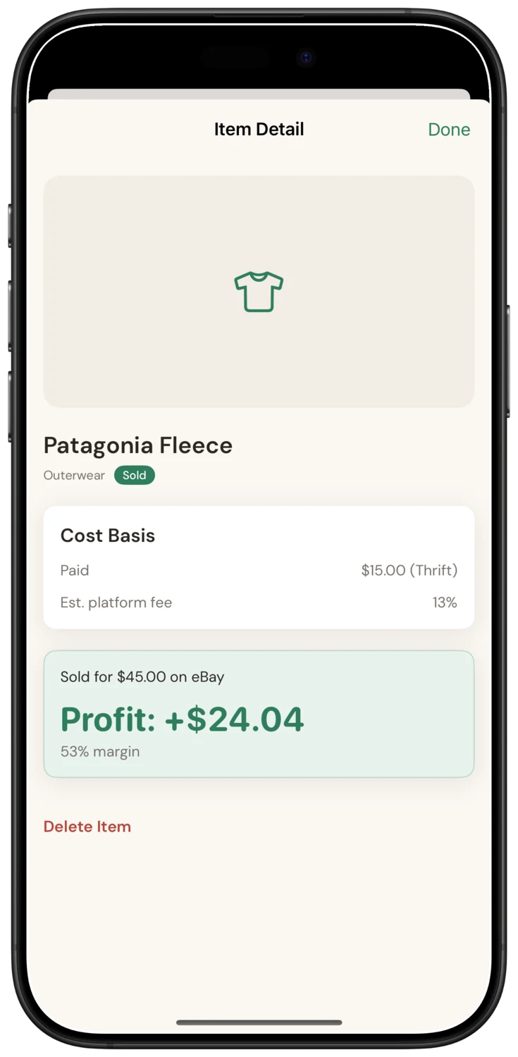 Pricebird sold-item screen showing cost basis, sale price, margin, and profit on an iPhone 16 Pro